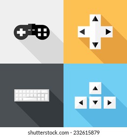 Game controller and keyboard icons. Flat design style modern vector illustration. Isolated on stylish color background. Flat long shadow icon. Elements in flat design.