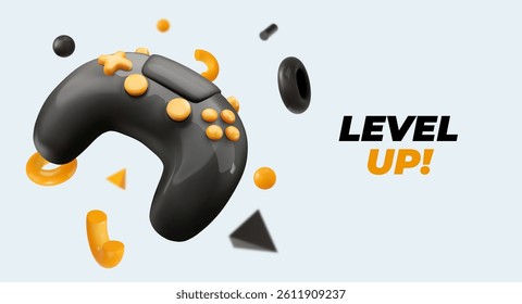 Game Controller With Level Up Text, Modern 3D Style, Floating Elements, Perfect for Gaming Promotions, Esports, and Youth Content. Vector Illustration.