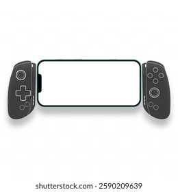 game controller and mobile phone on white background