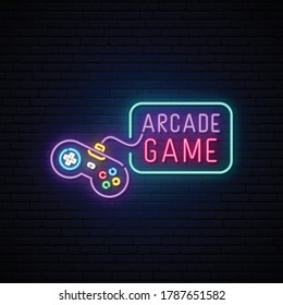 Señal de neón del controlador de juegos. Un joystick luminoso sobre un fondo oscuro de pared de ladrillo. Concepto de juego de arcade. Cartel de Neon. Ilustración vectorial.