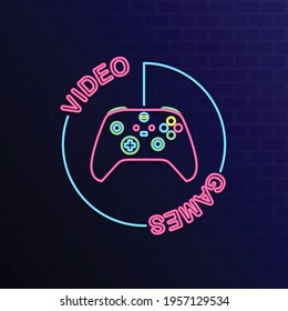 Game controller neon sign on dark blue  brick wall