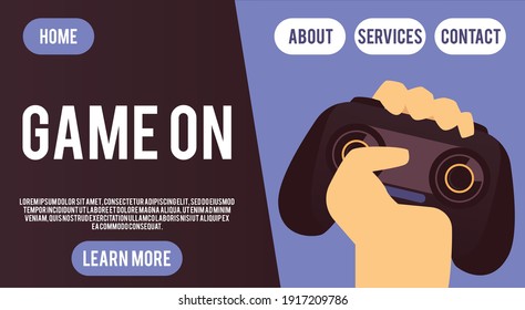 Game controller, play console, digital device in human hands. Design for website with computer video games for entertainment at leisure. Flat cartoon vector illustration.