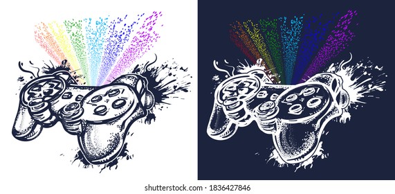 Game controller and rainbow tattoo and t-shirt design. Symbol of industry video games. Vector graphics 