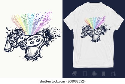 Controlador de juegos, tatuaje de arco iris y diseño de camisetas. Símbolo de videojuegos. Plantilla de gráficos vectoriales. Ilustración dibujada por mano