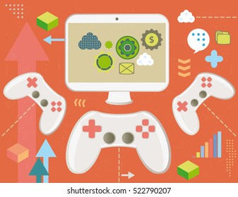 Game controller and screen with virtual money, concept with infographics elements and grunge texture.
