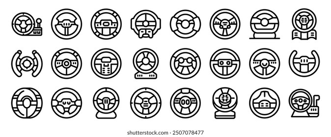 Game controller steering wheel icons set. Line icons representing various steering wheel designs, ideal for projects related to driving, racing, gaming, and transportation