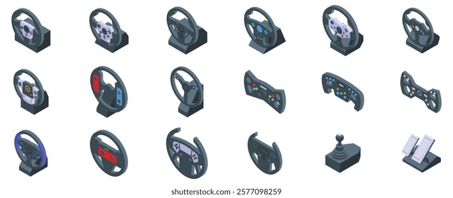 Game controller steering wheel icons set. Different types of racing wheels and gaming controllers offer realistic control for simulation games