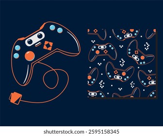 Game Controller Vector Illustration with seamless pattern. Funny design. Video game. Design for t-shirts. Gamepad