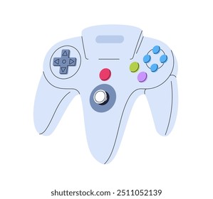 Game controller, video game accessory. Gamepad, 00s videogame console for playing, gaming. Digital device with control buttons of 2000s. Flat vector illustration isolated on white background.