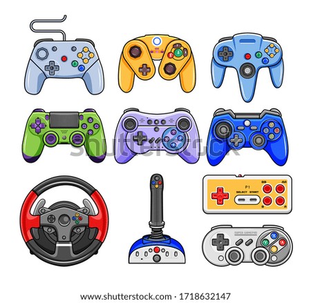 Game controller. Video game console controller vector isolated icon set. Joystick of retro and modern game console. Accessory device for video game players.