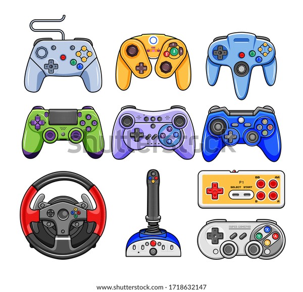 Game controller. Video game console\
controller vector isolated icon set. Joystick of retro and modern\
game console. Accessory device for video game\
players.
