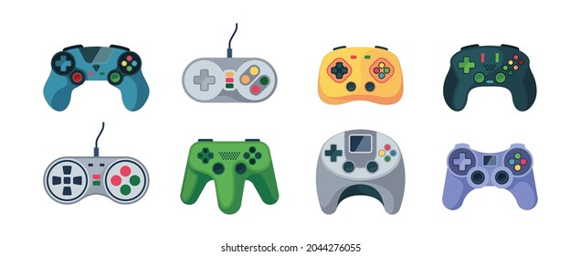 Game controllers. Gamepad video console computer items garish vector flat pictures