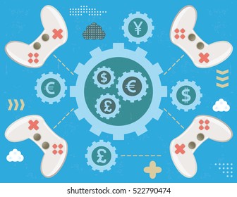 Game controllers and gears with currrency, concept with infographics elements and grunge texture.