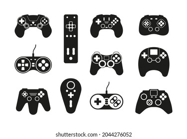 Game controllers icon. Smart system digital joystick for video games garish vector black symbols collection