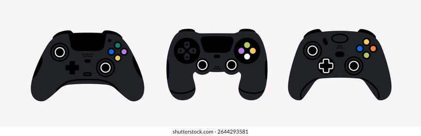 Controladores de jogo definidos. Joystick com touchpad. Ilustração vetorial. Modernos dispositivos de jogos com botões e paus. Ícone do console do jogo. Estilo plano simples. Gamepad