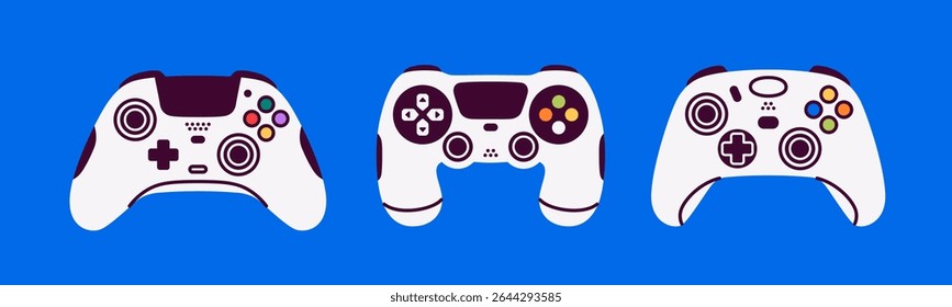 Controladores de jogo definidos. Joystick com touchpad. Ilustração vetorial. Modernos dispositivos de jogos com botões e paus. Ícone do console do jogo. Estilo plano simples. Gamepad