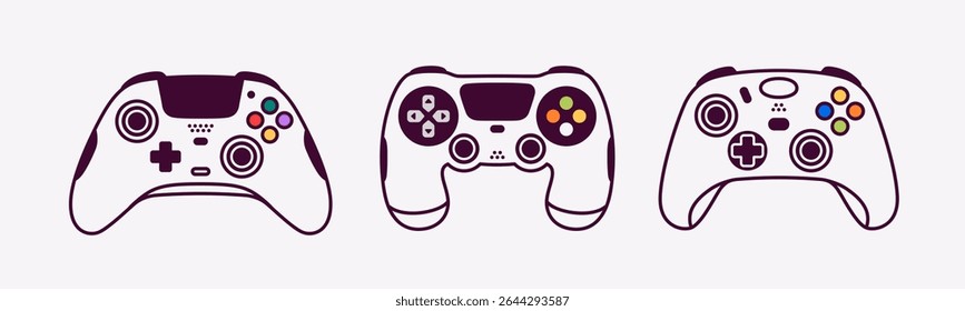Controladores de jogo definidos. Joystick com touchpad. Ilustração vetorial. Modernos dispositivos de jogos com botões e paus. Ícone do console do jogo. Estilo plano simples. Gamepad
