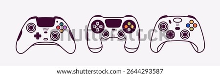 Game controllers set. Joystick with touchpad. Vector illustration. Modern gaming devices with buttons and sticks. Game console icon. Simple flat style. Gamepad.