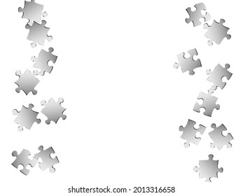 Game conundrum jigsaw puzzle metallic silver pieces vector background. Scatter of puzzle pieces isolated on white. Cooperation abstract concept. Jigsaw pieces clip art.