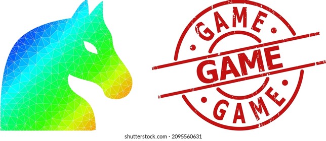 Game corroded badge, and lowpoly spectral colored chess horse icon with gradient. Red seal has Game caption inside round and lines shape. Triangulated chess horse polygonal 2d illustration.