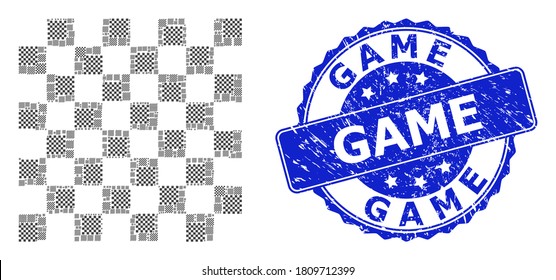 Cartón de ajedrez de composición recursiva vectorial y foco redondo corroido de juego. El sello azul contiene el título de juego dentro de la forma redonda. El collage de vectores está diseñado con iconos dispersos del tablero de ajedrez.