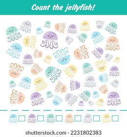 The game. Count the jellyfish. Preschool development. Colored jellyfish.