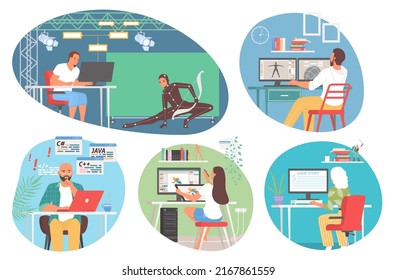Escena de creación de juegos. Conjunto de vectores de diseño de animación y movimiento, programación y pruebas de software. Caracteres de personas programadoras y diseñadoras que trabajan en ilustraciones de desarrollo de plataformas de juegos de computadora