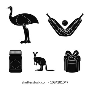 A game of cricket, an emu ostrich, a kangaroo, a popular food.Australia set collection icons in black style vector symbol stock illustration web.