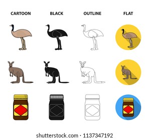 A game of cricket, an emu ostrich, a kangaroo, a popular food.Australia set collection icons in cartoon,black,outline,flat style vector symbol stock illustration web.