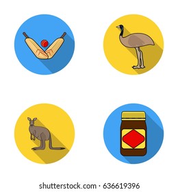 A game of cricket, an emu ostrich, a kangaroo, a popular food.Australia set collection icons in flat style vector symbol stock illustration web.