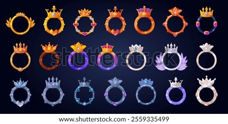 Game crown frames. Golden silver or platinum bronze frame with crowns, user avatar royal borders level rank badges ui fantasy gaming assets, cartoon set swanky vector illustration original artwork