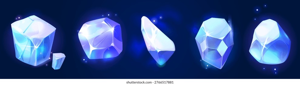 Game crystal gem collection - blue diamond gemstone. ice stones with magic glow and sparkles on dark background. Frozen jewel treasure assets for fantasy rpg or match three puzzle mechanics.