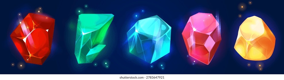 Game crystal gem collection with magic precious diamond gemstones in vibrant colors - glowing jewel stones on dark background. Fantasy treasure assets for rpg ui, mobile puzzle or match 3 games.