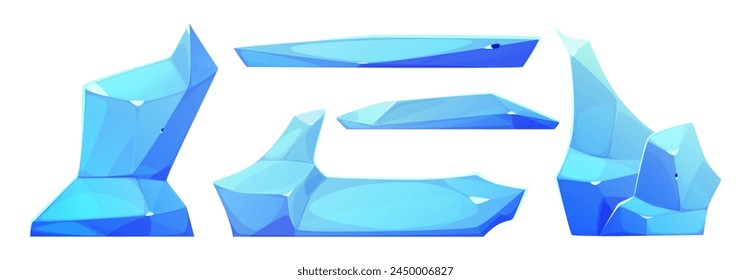 Juego bloque de iceberg de cristal, glaciar de Vector invernal. Diseño de paisaje aislado de montaña ártica congelada. Conjunto de iconos del polo norte del acantilado del pedazo antártico. Agua mineral de la roca de la escarcha sobre fondo blanco