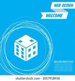 game cube icon on a blue background with abstract circles around and place for your text. Vector illustration