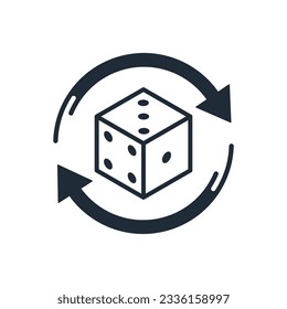 Game  cube  and rotation arrows. Throwing and rolling  dice . Random numbers, entertaining gambling game. lottery, lotto.Vector linear icon isolated on white background.