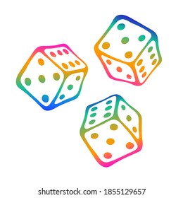 Game cubes for board game in rainbow colors isolated on white background. The concept of fun table game, home comfort, cozy mood, free time, fun and holyday weekend, freelance.