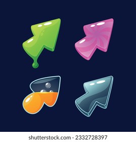 Game Cursor Icons Showcasing Sleek And Modern Designs. Funny Pointers of Green Goo, Candy, Liquid and Glass Textures