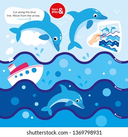 Game Cut Scissors Along Blue Line Dolphin in Sea