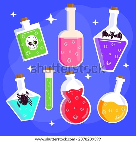 Game cute potion. Cartoon elixir for strength mana and stamina, UI icon asset. Vector sprite interface elements set.