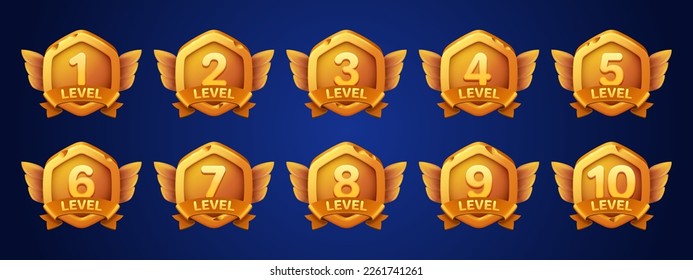 Game damaged gold badges with level number. Achievement rank emblems, golden broken hexagon label of game level with ribbon and wings, vector cartoon set isolated on background