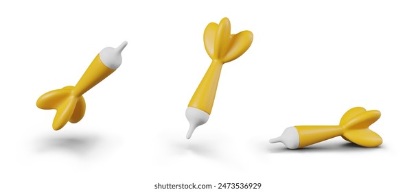 Game darts arrow. Yellow objects in realistic style. Set of objects in different positions