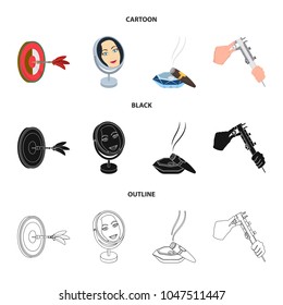 Game Darts, reflection in the mirror and other web icon in cartoon ,black ,outline style. Cigar in ashtray, calipers i in set collection.