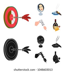 Game Darts, reflection in the mirror and other web icon in cartoon,black style. Cigar in ashtray, calipers in set collection.