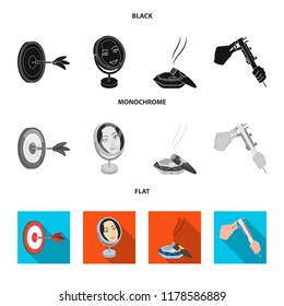 Game Darts, reflection and other web icon in black, flat, monochrome style. Cigar , calipers icons in set collection.
