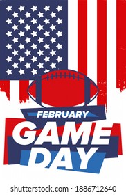 Game Day. American football playoff. Football Party in United States. Final game of regular season. Professional team championship. Ball for american football. Sport poster design. Vector illustration