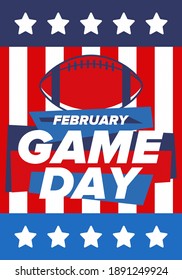 Game Day. American football playoff. Football Party in United States. Final game of regular season. Professional team championship. Ball for american football. Sport poster design. Vector illustration