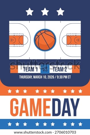 Game Day. Basketball playoff in March. Super sport party in United States. Final games of season tournament. Professional team championship. Ball for basketball. Sport poster. Vector