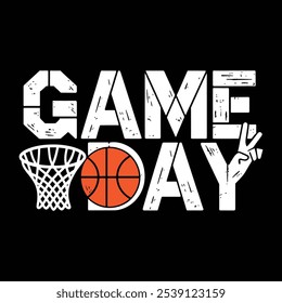 Game day basketball t-shirt design. College style tee shirt with basketball hoop and ball. Sport apparel print. Vector illustration.