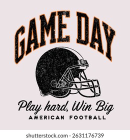 Game day design with ball. Sports design. Football theme design for sport. Vintage artwork for sportswear. Sport logo. College font.  Sport typography, t-shirt graphics, poster, Colorful abstract 